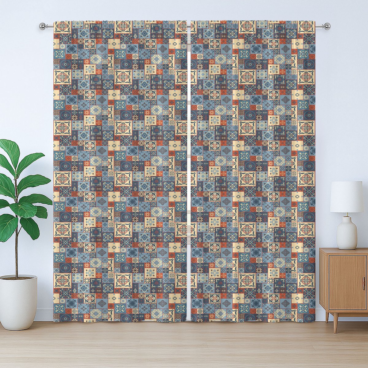 ABAKUHAUS Marokkaans rustiek gordijn, Tunesisch, met lussen en haken voor de woonkamer, 280 x 175 cm, donkeroranje blauwgrijs