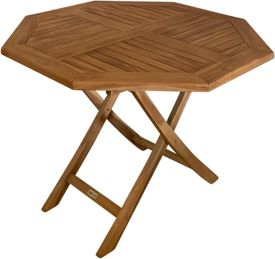 Houten achthoekige klaptafel met een kruislings patroon op het tafelblad en een schaarmechanisme onderstel.