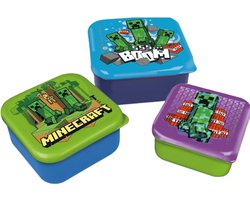 Minecraft 3-in-1 Snackdoosjes - 3 formaten - Vierkant - Sluit goed af - Lunchboxen voor kinderen - Los deksel - Geschikt voor koekjes, fruit en snacks - Blauw/Paars/Groen