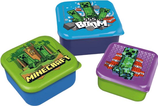 Trois boîtes de rangement Minecraft : bleues avec des Creepers, vertes avec des Creepers et logo Minecraft, violettes avec des Creepers et TNT.