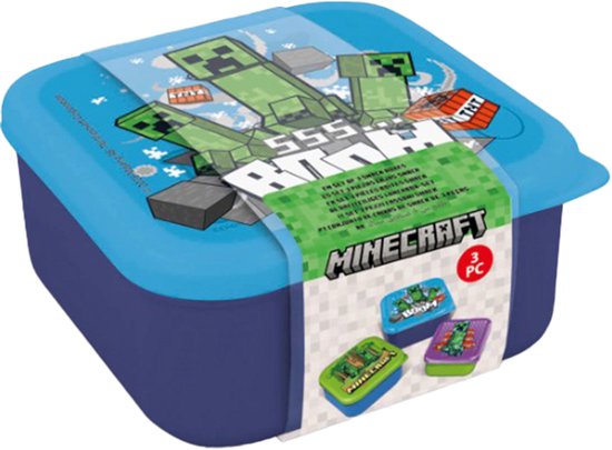 Drie Minecraft-opbergdozen, blauw met afbeeldingen van Creepers en TNT. Eén grotere doos met een blauw deksel.