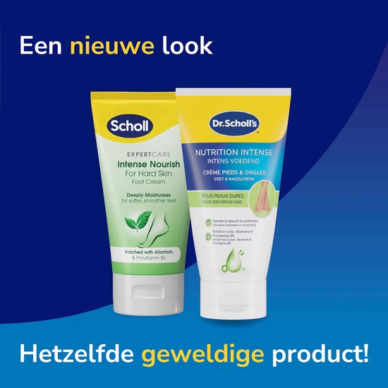 Twee tubes Scholl voetcrème: 'Intense Nourish for Hard Skin' en 'Nutrition Intense Voedend'.
