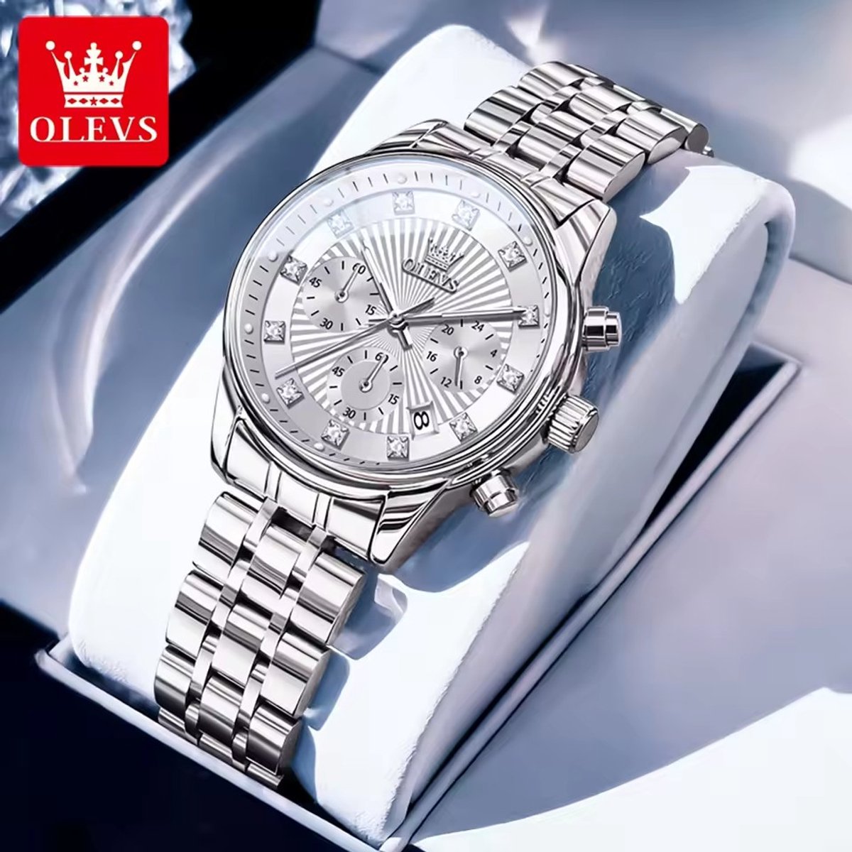 HO-3669.z : Oles zilverkl dames quartz horloge, gebroken wit-zilverkl wijzerplaat fenomenale textuur, chronograaf, kalenderdag, diamantzirkonia