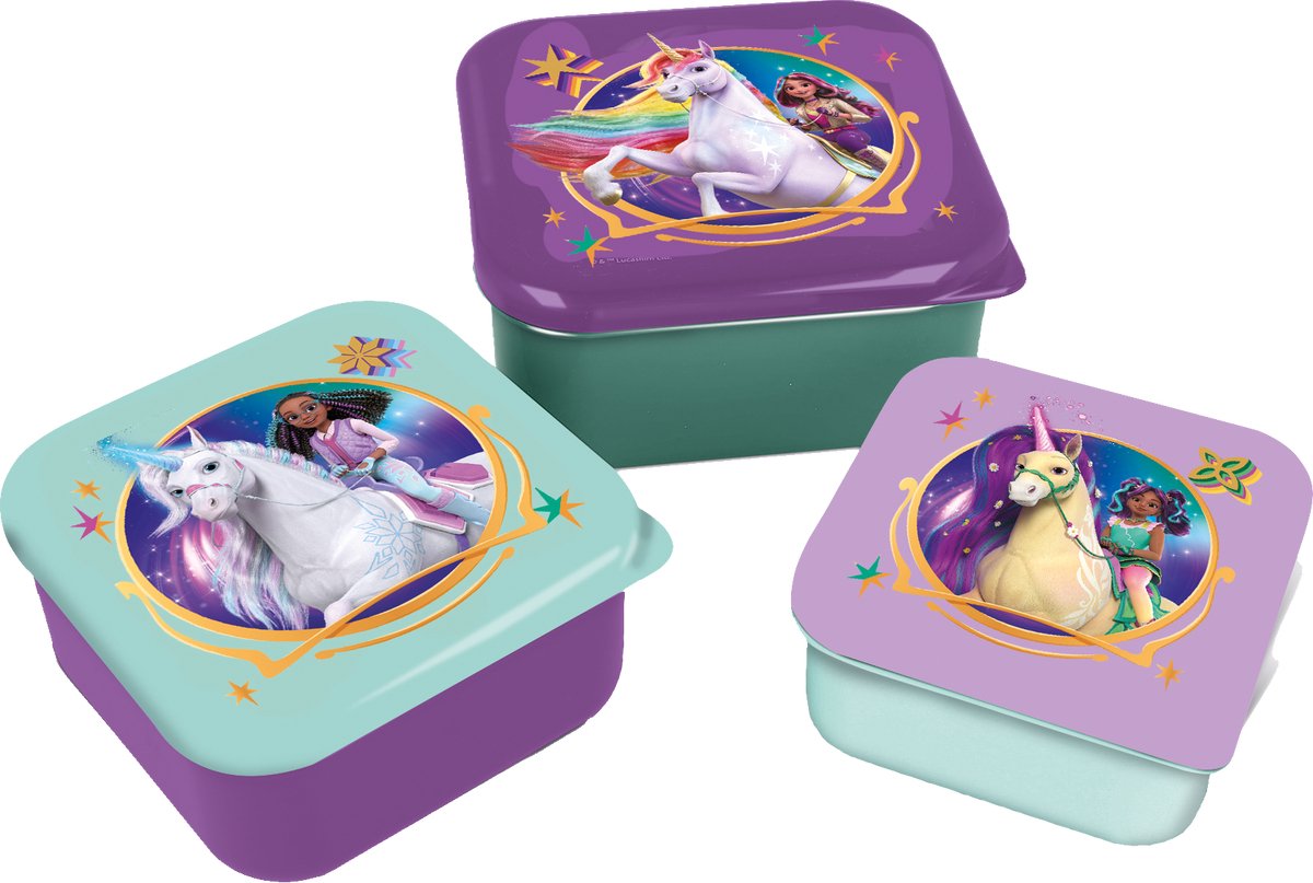 Unicorn Academy 3-in-1 Snackdoosjes - 3 formaten - Vierkant - Sluit goed af - Lunchboxen voor kinderen - Los deksel - Geschikt voor koekjes, fruit en snacks - Paars/Groen