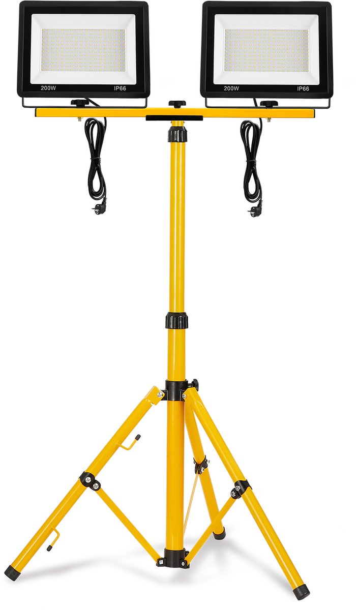 2 x 200W LED-werklampen met 3 meter stroomkabel en in hoogte verstelbaar statief, schijnwerpers voor buitengebruik in garages, op bouwplaatsen en in werkplaatsen (warm wit) NAIZY