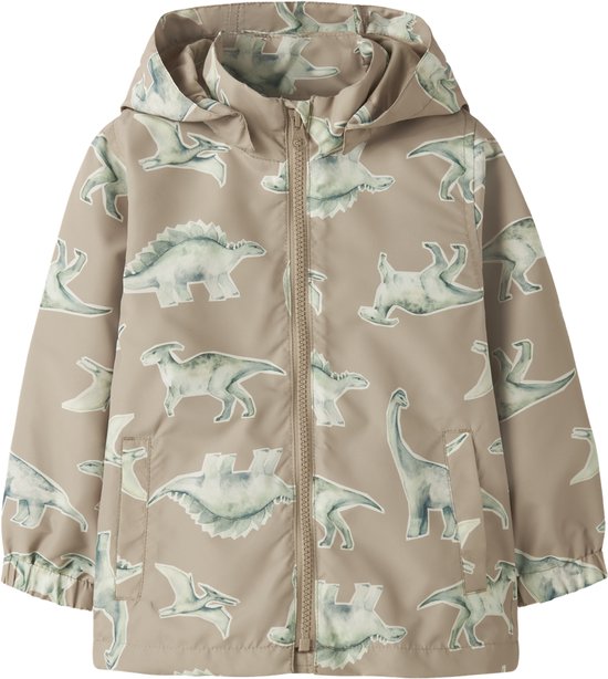 Veste beige clair à capuche avec un imprimé intégral de dinosaures aquarelle.