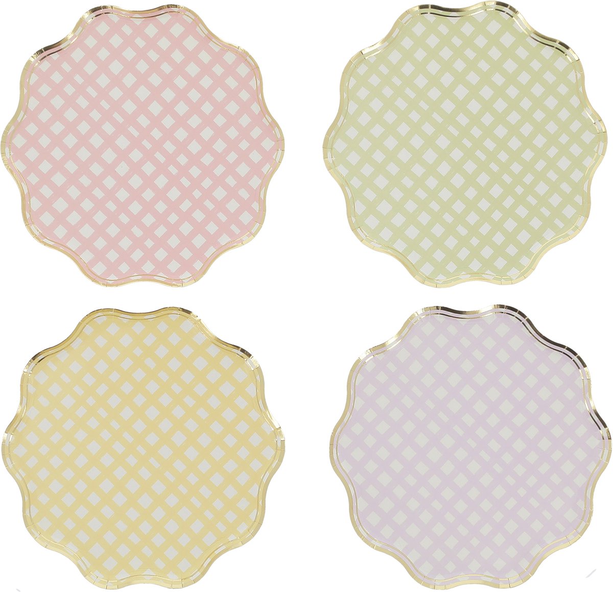 ARTYFETES - 8 kartonnen borden lila, roze, geel, groen en goud 23cm geschulpte pastelruiten