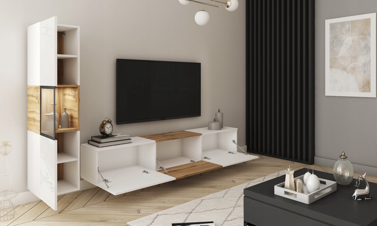 Berlin I - Woonkamer Set - Wandmeubel met LED - Zwevend of Staand - Hoogglans Wit & Wotan Eiken