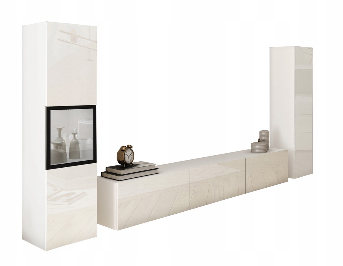 Berlin III - Woonkamer Set - Wandmeubel z LED - Hoogglans Wit & Mat Wit - Zwevend of Staand