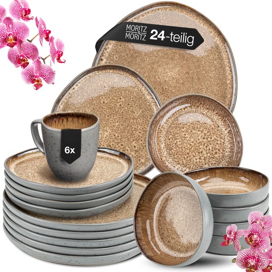 Service de table Moritz & Moritz ORGANIC 24 pièces pour 6 personnes – Service de table moderne Céramique Beige – Ensemble d'assiettes avec assiettes plates, assiettes à dessert, assiettes à soupe et tasses