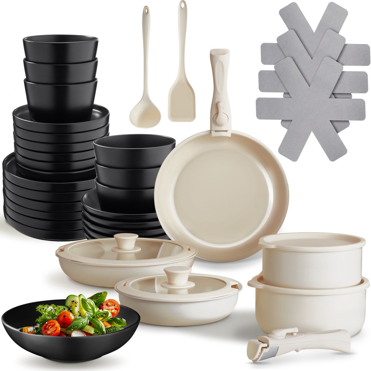 tectake® Complete Pannenset - Borden Set - Aardewerk - 46-delig - 6 Persoons - Set met Servies, Koekenpan, Spatel, Kookpan, Kommen - Pannen met Deksel en Antiaanbaklaag - Ovenbestendig - Vaatwasbestendig - Geschikt voor Inductie - Zwart/Wit