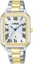 Rechthoekig horloge met zilverkleurige kast en gouden rand. Witte wijzerplaat met Romeinse cijfers, datumvenster op 8 uur, blauwe wijzers.