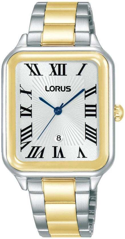Rechthoekig horloge met zilverkleurige kast en gouden rand. Witte wijzerplaat met Romeinse cijfers, datumvenster op 8 uur, blauwe wijzers.