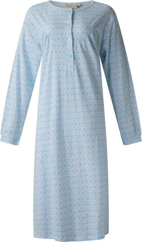 Lunatex - dames nachthemd 5027 lange mouw - nachtjapon van 100% katoen - blauw met print - maat M