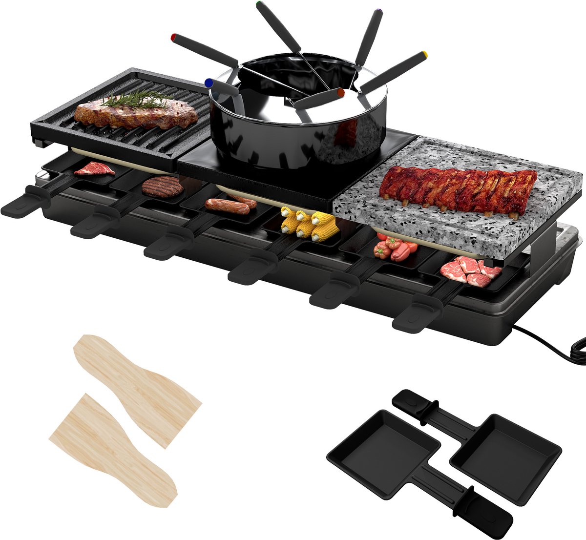 ACXIN 1650W Raclette Grill 12 Personen, 3-in-1 met Steenplaat en Fondue