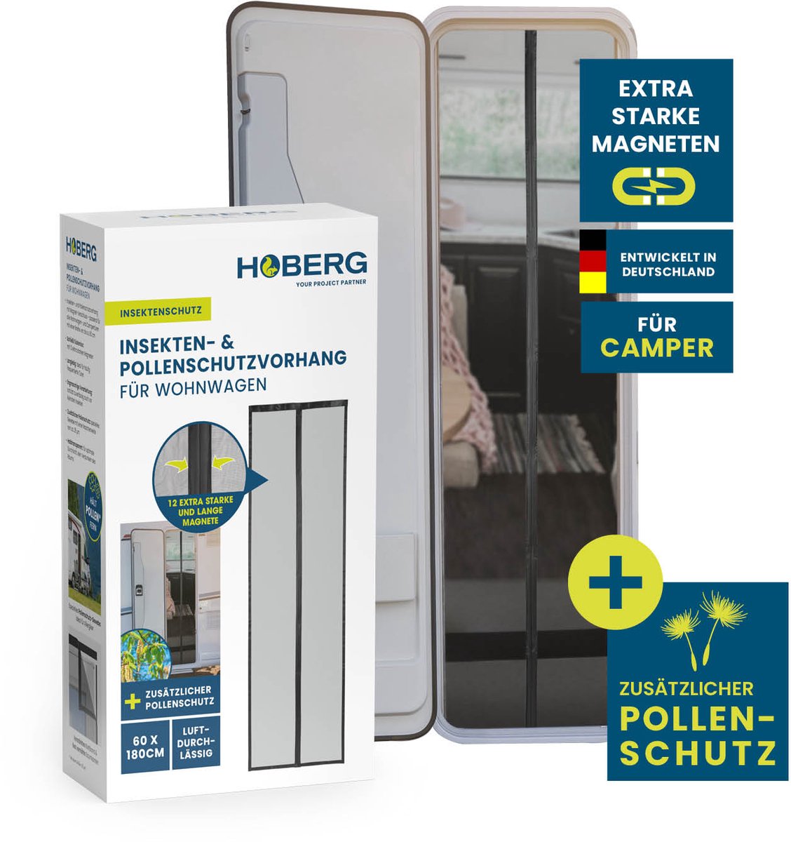 Hoberg insectenwerend gordijn voor campers 60 x 180 cm | Hordeur met XXL-magneetbanden | Insectenwerende deur voor caravans | Magnetisch muskietennet | Zelfsluitend