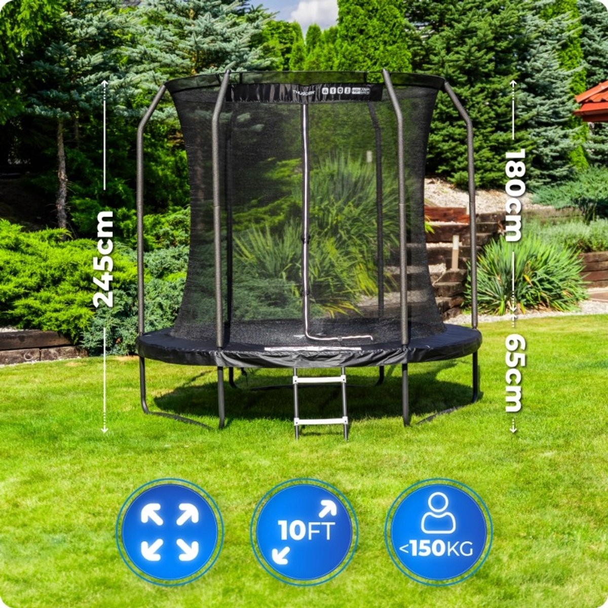 Thunder Trampoline 305 cm – Ronde Tuintrampoline – Max. 150 kg – Met Ladder – Zwart — afbeelding 11