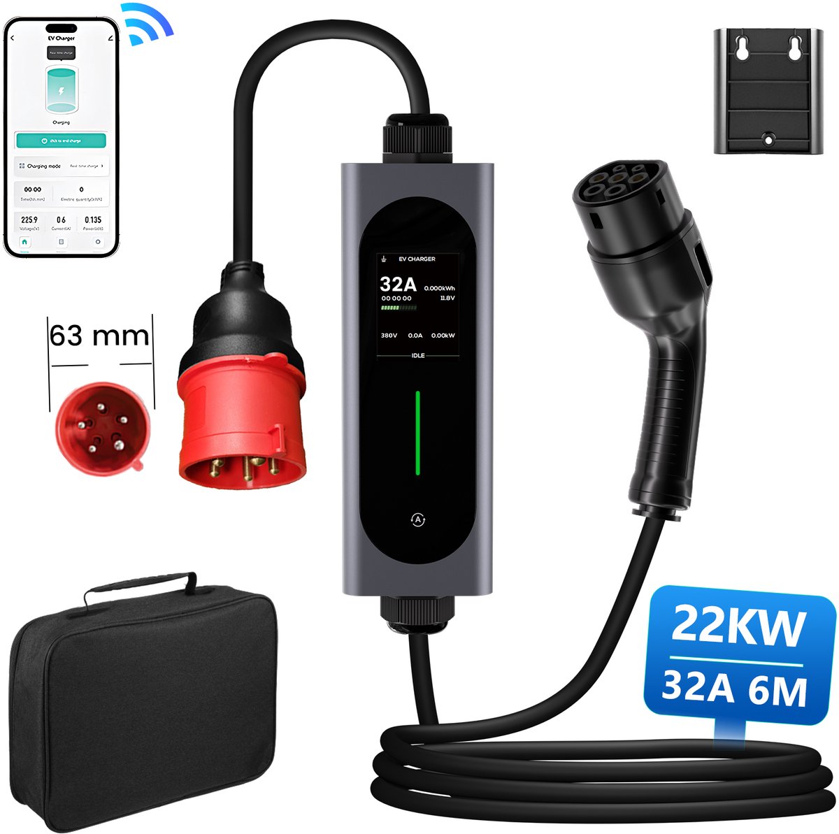 Krachtige Draagbare 22kW 3-Fase EV Laadkabel - Type 2