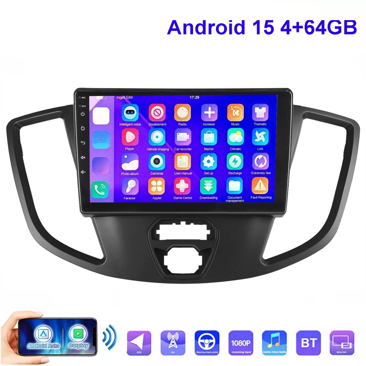 ESSGOO CarPlay autoradio geschikt voor Ford Transit 150 250 350 (2015-2019) - 9 inch Android 15 - 4 + 64 GB - Draadloos Apple CarPlay en Android Auto - WIFI Bluetooth RDS MP5 - Radio met navigatie