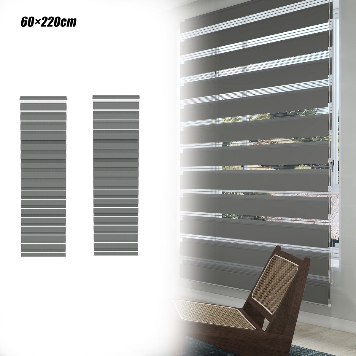 Aufun 2 Stuks Dubbele Verduisterende Rolgordijnen - Grijs 60x220cm - Clipmontage, Boren Niet Nodig, Eenvoudig Te installeren - Geschikt Voor Ramen En Balkondeuren
