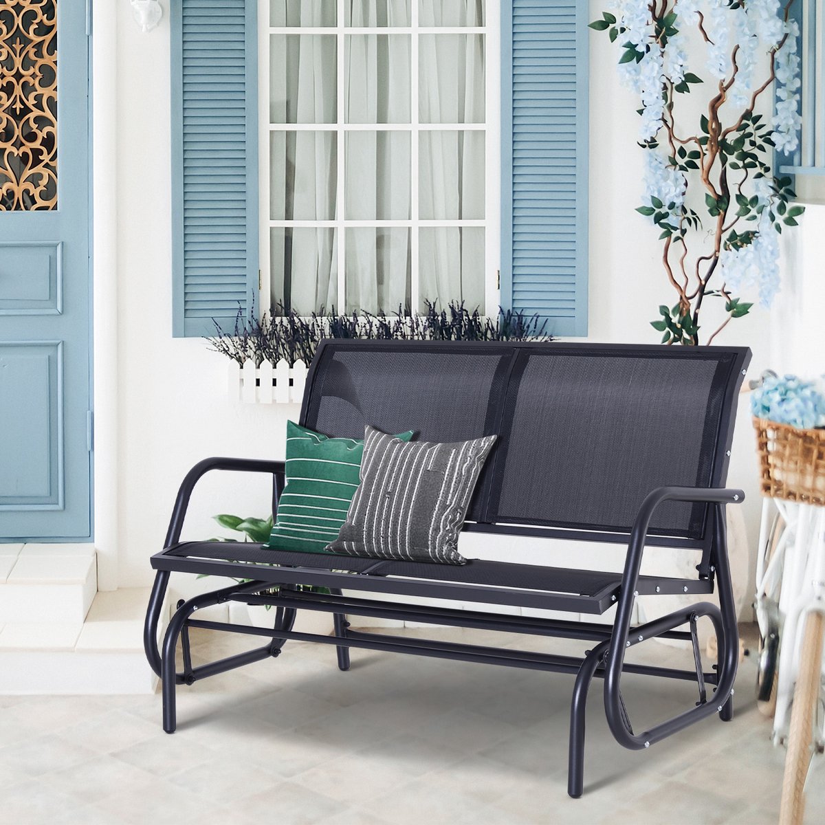 OKWISH Schommelbank 120 X 70 X 85 Cm - Schommelfunctie Voor 2 Personen - Ademend Netweefsel Zitvlak - Voor Tuin En Terras - Metaal - Zwart