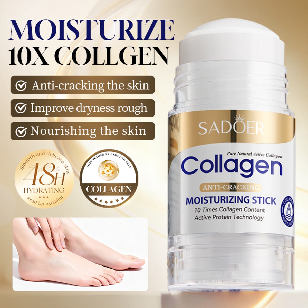 SADOER Hand- en Voetcrème Roller | Ureum Crème Stick| Collageen Handcrème | Voetcrème Tegen Eelt | Crème Voor Droge Ruwe Huid |Hypoallergene Verzorging| Shea Boter | Jojoba Olie | Aloe vera | Collagen |Gebarsten Hielen Crème | Intensieve Hydratatie