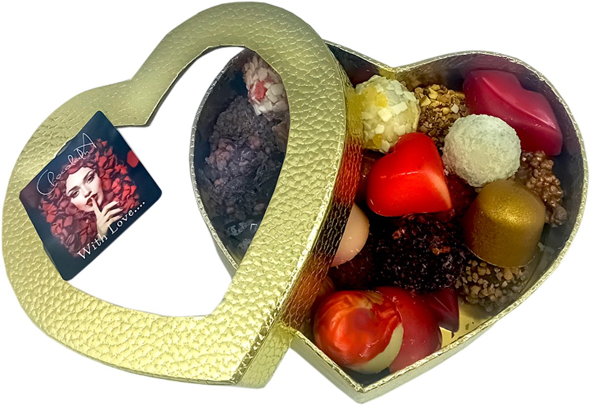 Valentijn/Love Gouden Hart met handgemaakte 30 chocolade Truffels/Pralines-Chocoladecadeau_Pralines_Truffels_Verjaardagscadeau_Valentijn_Geschenkdoos_Valentijsgeschenk_Valentijschocolade_Love_Liefde_Valentijnsdag_Hartjes_Zoentjes.