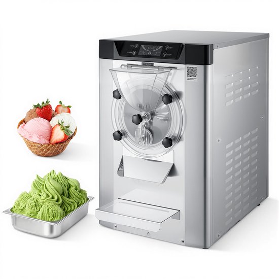 VEVOR CommerciëLe Ijsmachine 2000 W 12–20 L/U, Tafelmodel Gelato-Maker met 6 Liter Roestvrijstalen Container (304) en Zelfreinigend Led-Bedieningspaneel voor Snackbars en Restaurants, Zilverkleurig