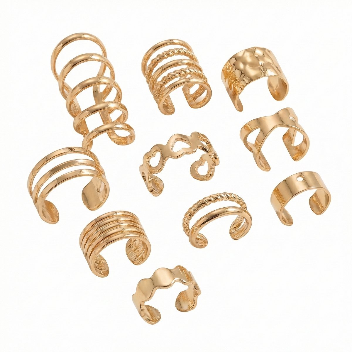 10 delige set Goudkleurige ear cuff oorbellen set voor dames – zonder gaatjes – mix van brede en smalle designs