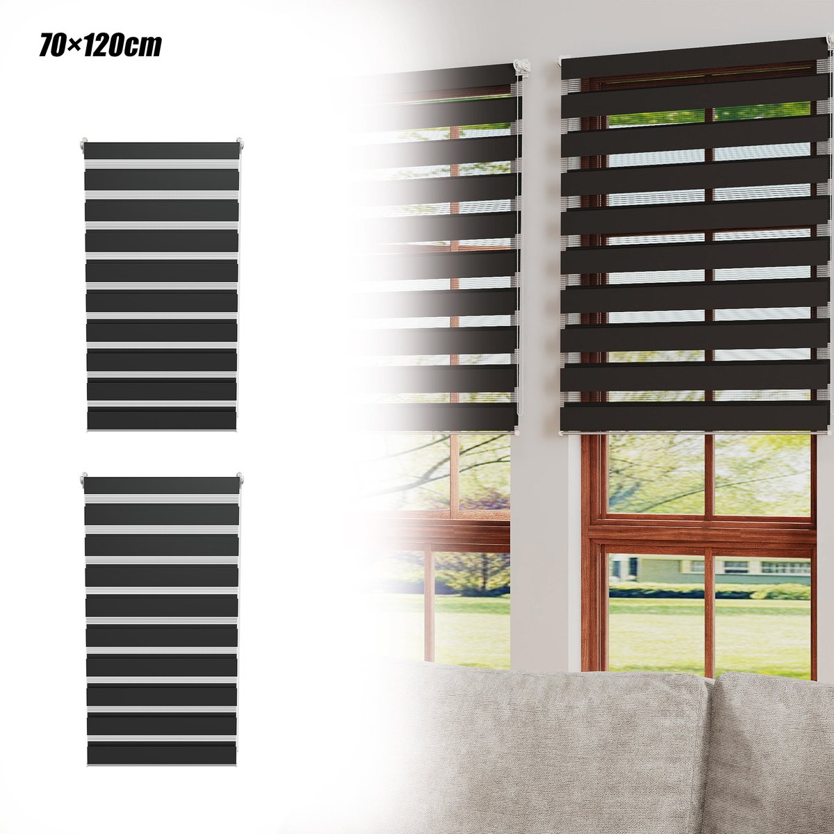 Aufun 2 Stuks Dubbele Verduisterende Rolgordijnen - Zwart 70x120cm - Clipmontage, Boren Niet Nodig, Eenvoudig Te installeren - Geschikt Voor Ramen En Balkondeuren