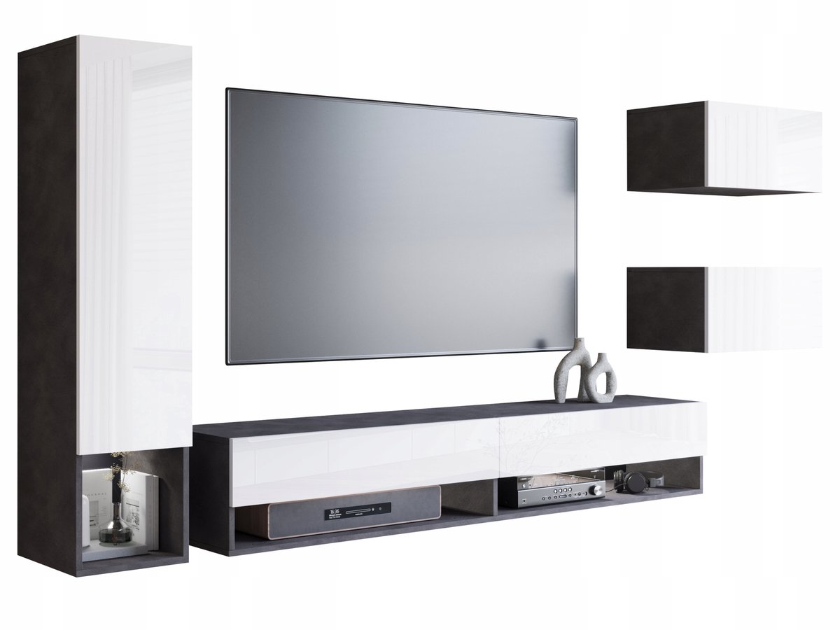 Milo - Woonkamer Set - Wandmeubel met LED - 4-delig - Zwevend - Matera Antraciet & Hoogglans Wit