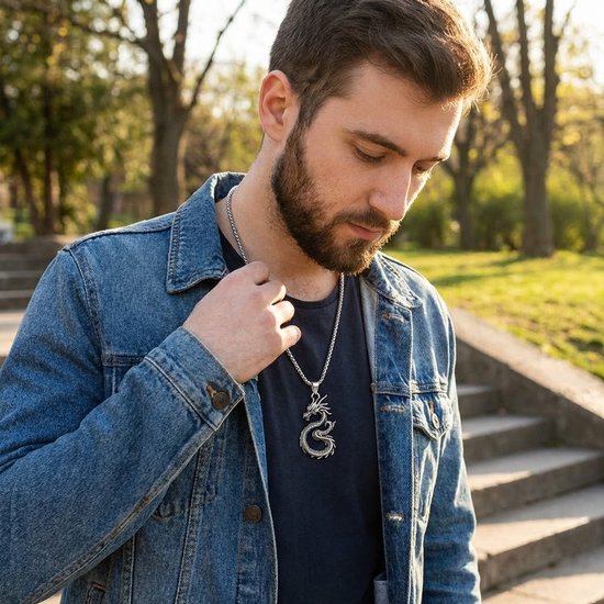 Man met baard draagt een zilverkleurige ketting met een gedetailleerde drakenhanger.
