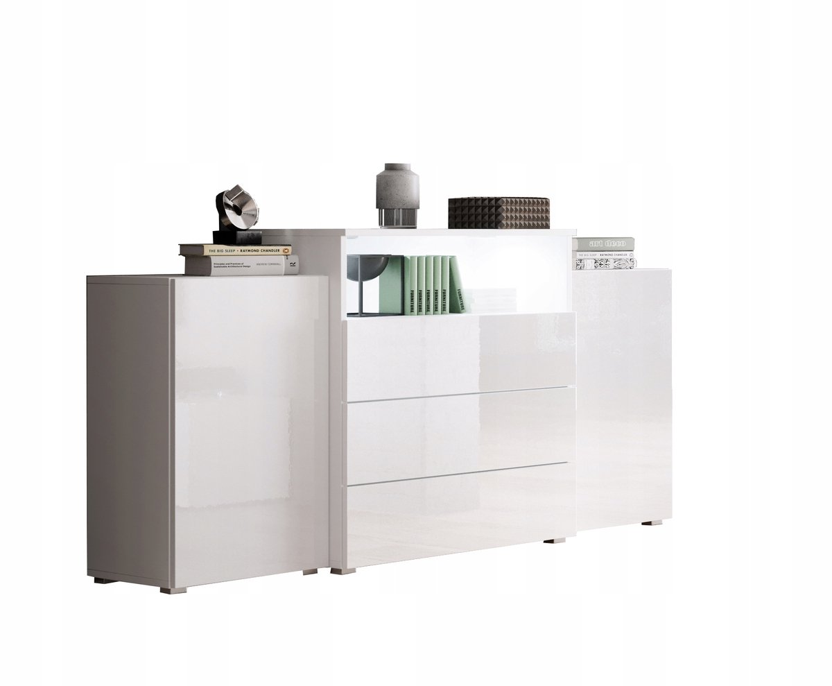 Moderne dressoir 150 cm – mat frame, glanzende fronten – staande dressoir met 3 laden (push-to-open en randgreep), zijkasten, open nis en optie voor LED Square-verlichting (koud wit)