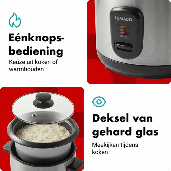 Tomado TRC1001S - Rijstkoker - Inhoud 1 liter - Warmhoudfunctie - 5 porties - Anti aanbaklaag - Rice cooker - Rvs