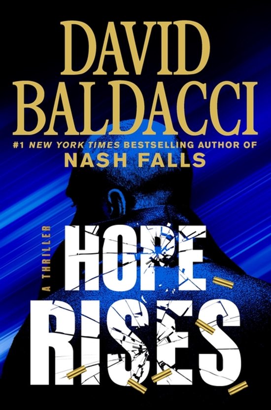 Boek "Hope Rises" van David Baldacci, met een man in silhouet en kogels.