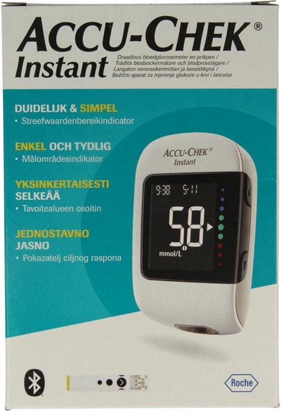 Verpakking van de Accu-Chek Instant bloedglucosemeter, met witte meter met zwart display.