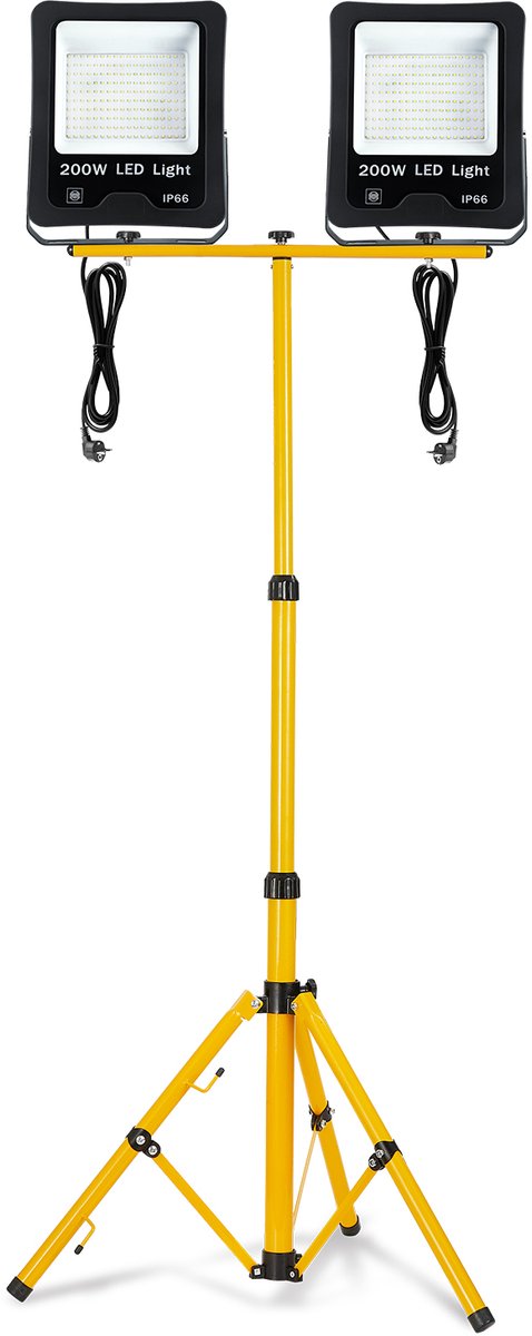 2x200W LED-bouwlampen, werklampen, LED-schijnwerpers met in hoogte verstelbaar statief en 3 meter kabel, schijnwerpers voor binnen- en buitengebruik, bouwplaatsen, garages, warm wit NAIZY