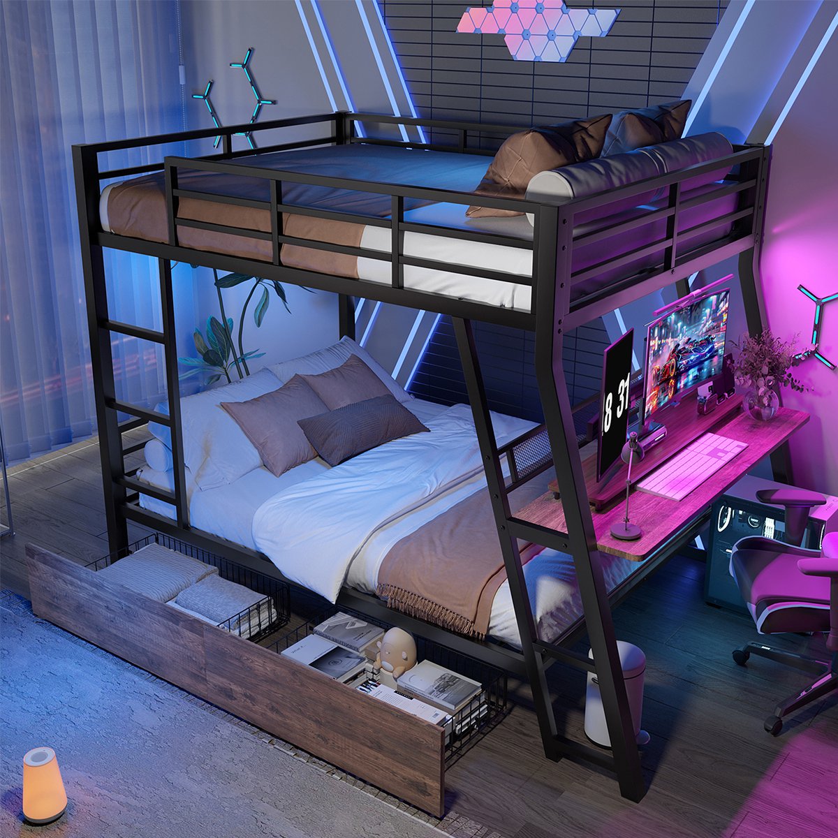 Mihtrov Hoogslaper 140 x 200 cm met LED Verlichting - IJzeren Frame - Stapelbed met Bureau - Kinderbed met 2 Lade - Metalen Bed met Geïntegreerde Opbergruimte - Zonder Matras - Geschikt voor Volwassenen en Kinderen Zwart