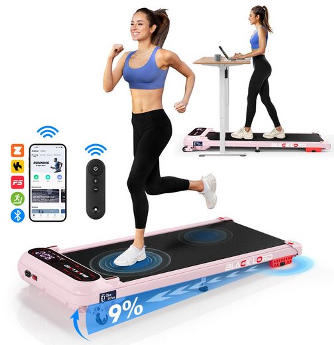 BLACK LORD X7-H - Walking Pad loopband - 3,0 PS EcoDrive™ motor - 15 km/h & 3 hellingsniveaus - Bluetooth app-bediening - 39 cm breed loopvlak - Inklapbaar voor onder het bureau