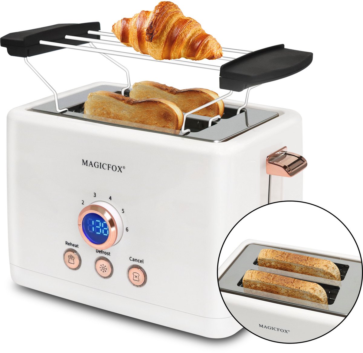 MAGICFOX Broodrooster – 2 Extra Brede Sleuven-3 Standen-Compact Ontwerp-Automatische Uitschakeling - Wit