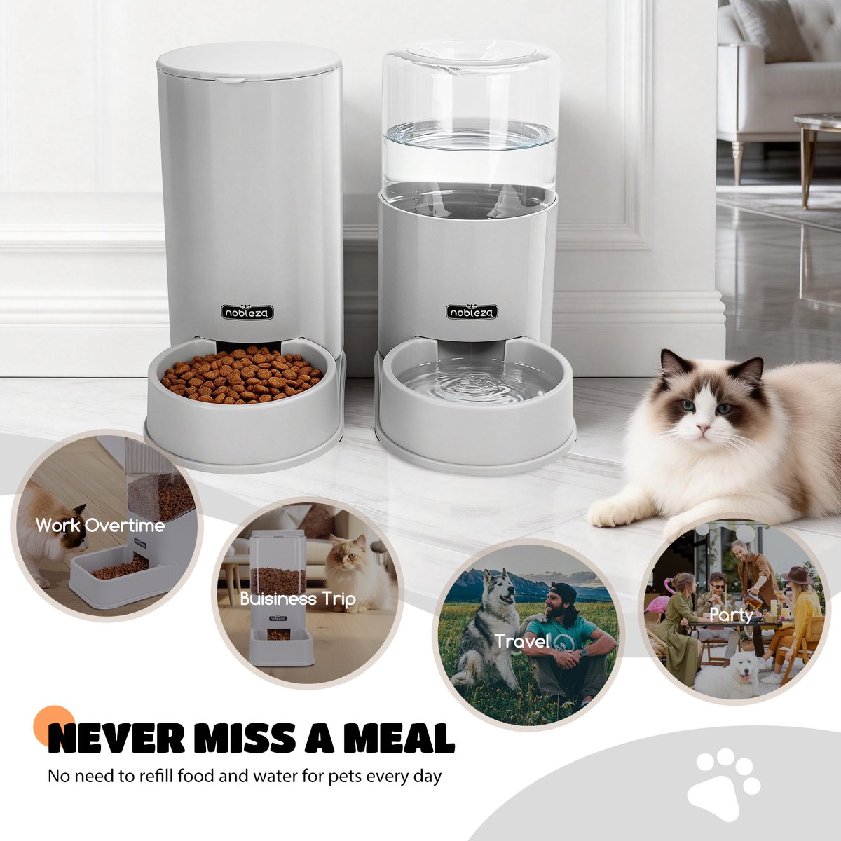 Nobleza Automatische Dierenvoederset - Set van 2 - Voerbak - Fontein kat - Dier Voeder - Grijs thumbnail 5