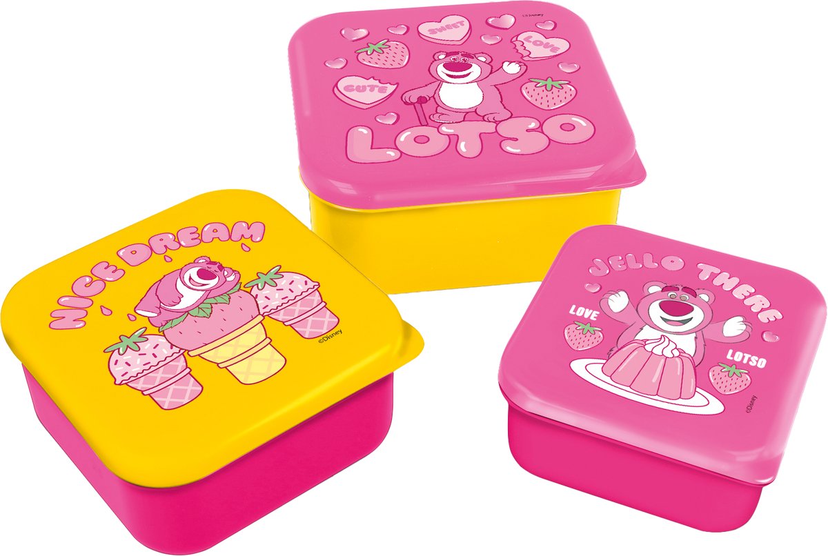 Disney's Toy Story Lotso 3-in-1 Snackdoosjes - 3 formaten - Vierkant - Sluit goed af - Lunchboxen voor kinderen - Los deksel - Geschikt voor koekjes, fruit en snacks - Roze/Geel