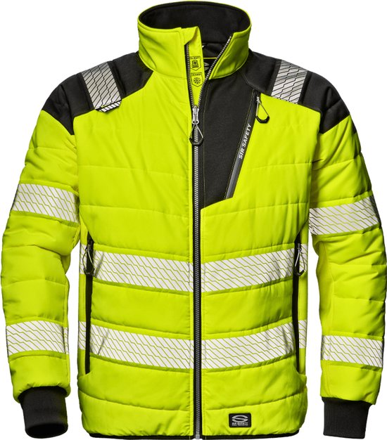 Gevoerde gele werkjas met zwarte accenten, reflecterende strepen en ritsen. Merk: SIR SAFETY.