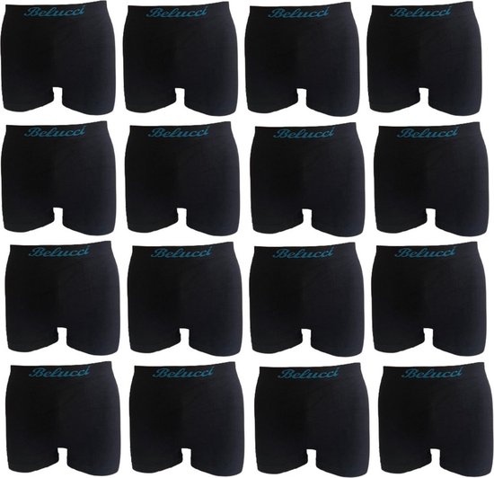 Zestien zwarte Belucci boxershorts met turquoise logo.