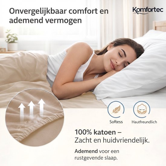 Vrouw slaapt op een beige hoeslaken. Inzet toont vochtige stof met pijlen. Tekst: 'Softness', 'Hautfreundlich', '100% katoen' en 'Ademend'.