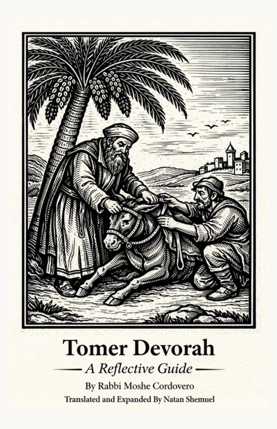 Illustratie van Tomer Devorah: A Reflective Guide, met twee mannen die een ezel onder een palmboom tuigelen.