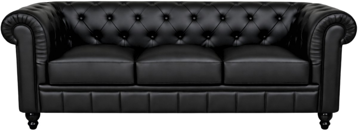 Chesterfield Bank - 3 Zits - Zwart - Leer - Sofa - Chesterfield Meubel - Bank - Bankstel
