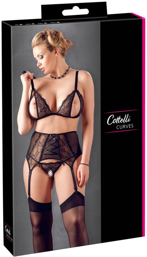 Cottelli Plus Size – Jarretel Gordel met String voor de Dame – Maat XL