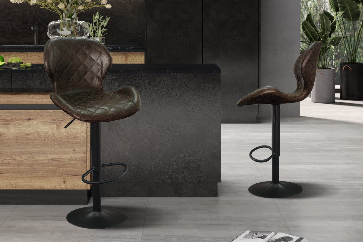 Barstoel/Barkruk 'Malaga' in PU Ote Donkerbruin - H 90-111cm x B 48 x D 52cm - Counterstoel - Set van 2