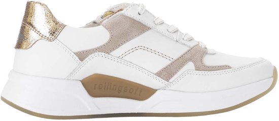 Witte sneaker met roze, beige en gouden details, veters en rits, 'rollingssoft'.